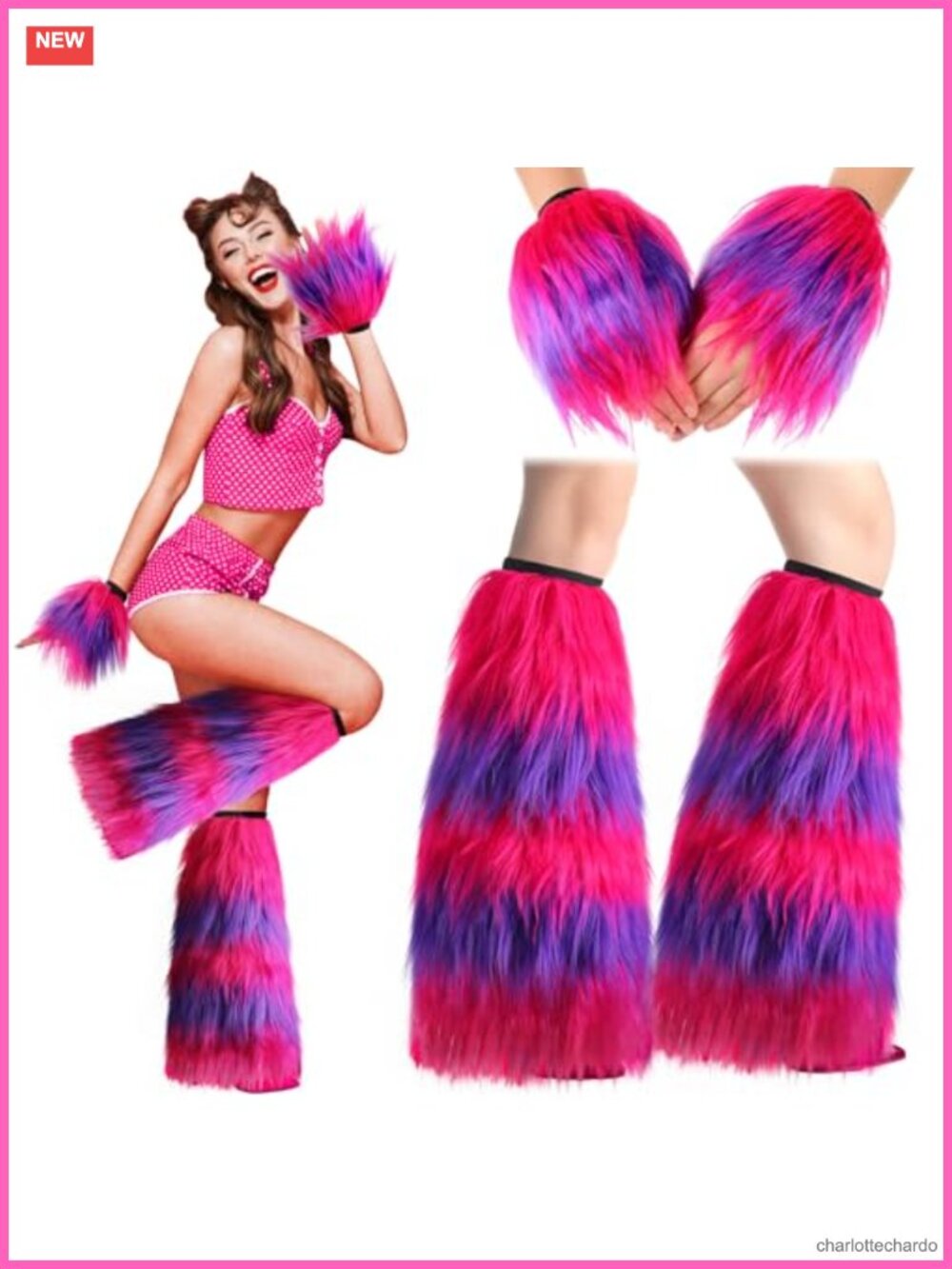 Faux Fur Striped Cat Costume Accessory Set Leg Warmers Gloves Halloween Party